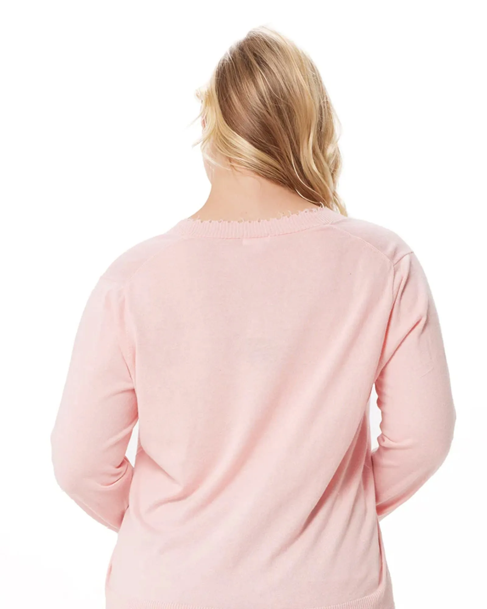 Cotton Cashmere Frayed Cardigan w/ Striped Cuff | Pink Pearl
