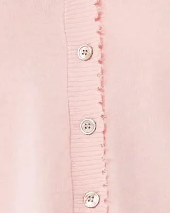Cotton Cashmere Frayed Cardigan w/ Striped Cuff | Pink Pearl