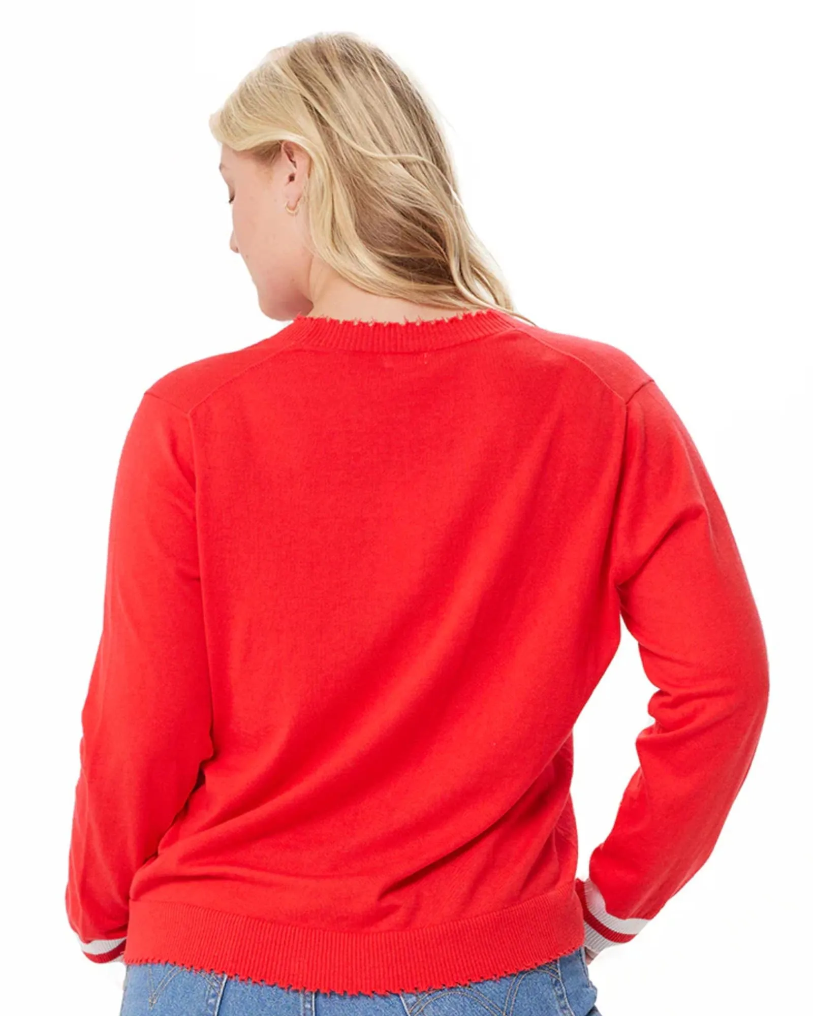 Cotton Cashmere Frayed Cardigan w/ Striped Cuff | Rouge