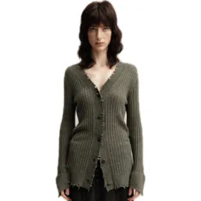 Dark Green Knitted Raw Edge Cardigan