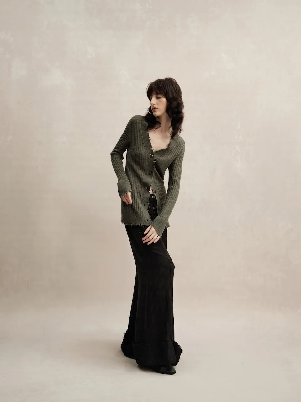 Dark Green Knitted Raw Edge Cardigan