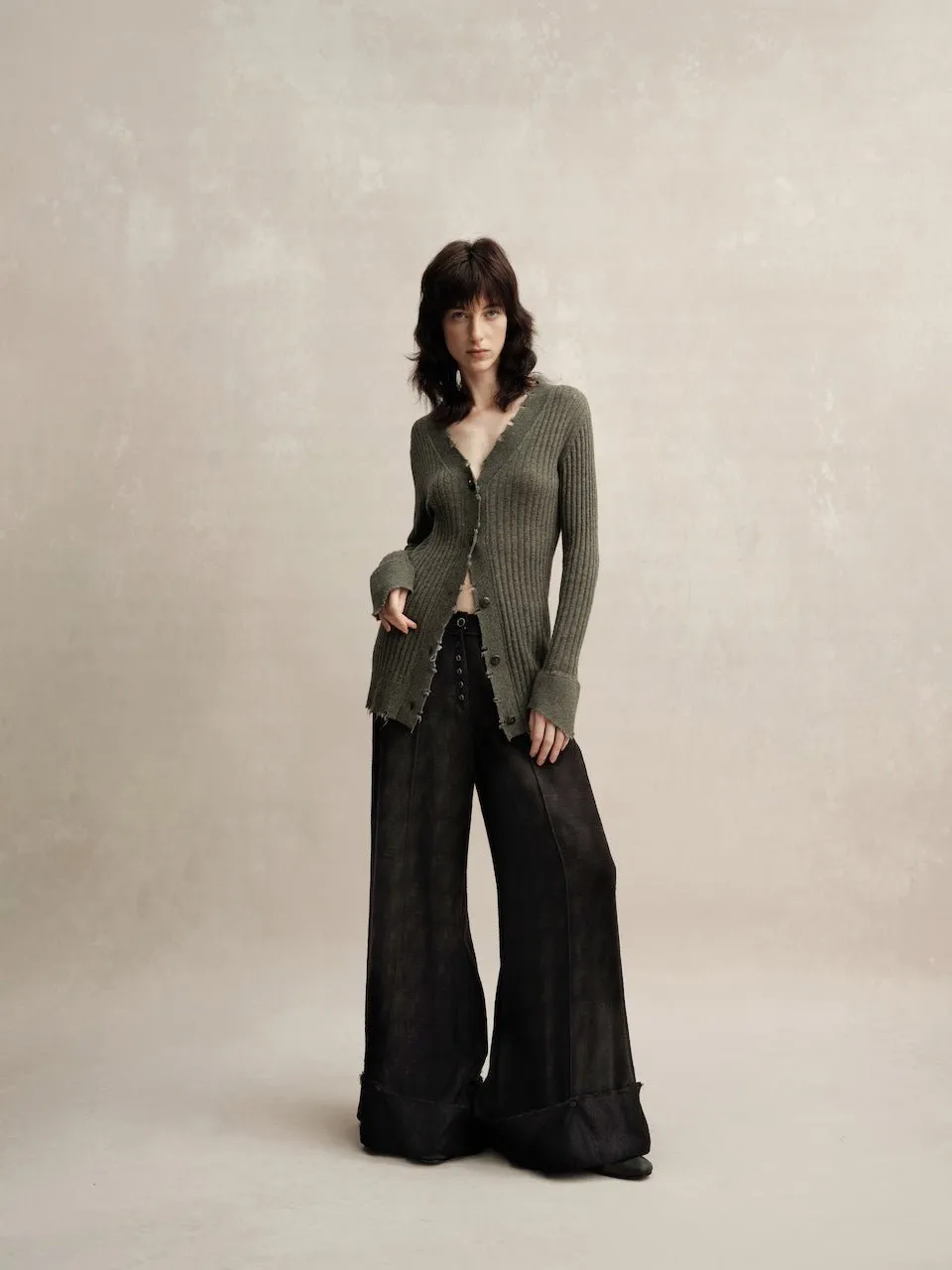 Dark Green Knitted Raw Edge Cardigan