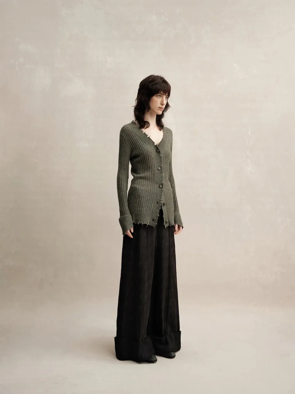 Dark Green Knitted Raw Edge Cardigan