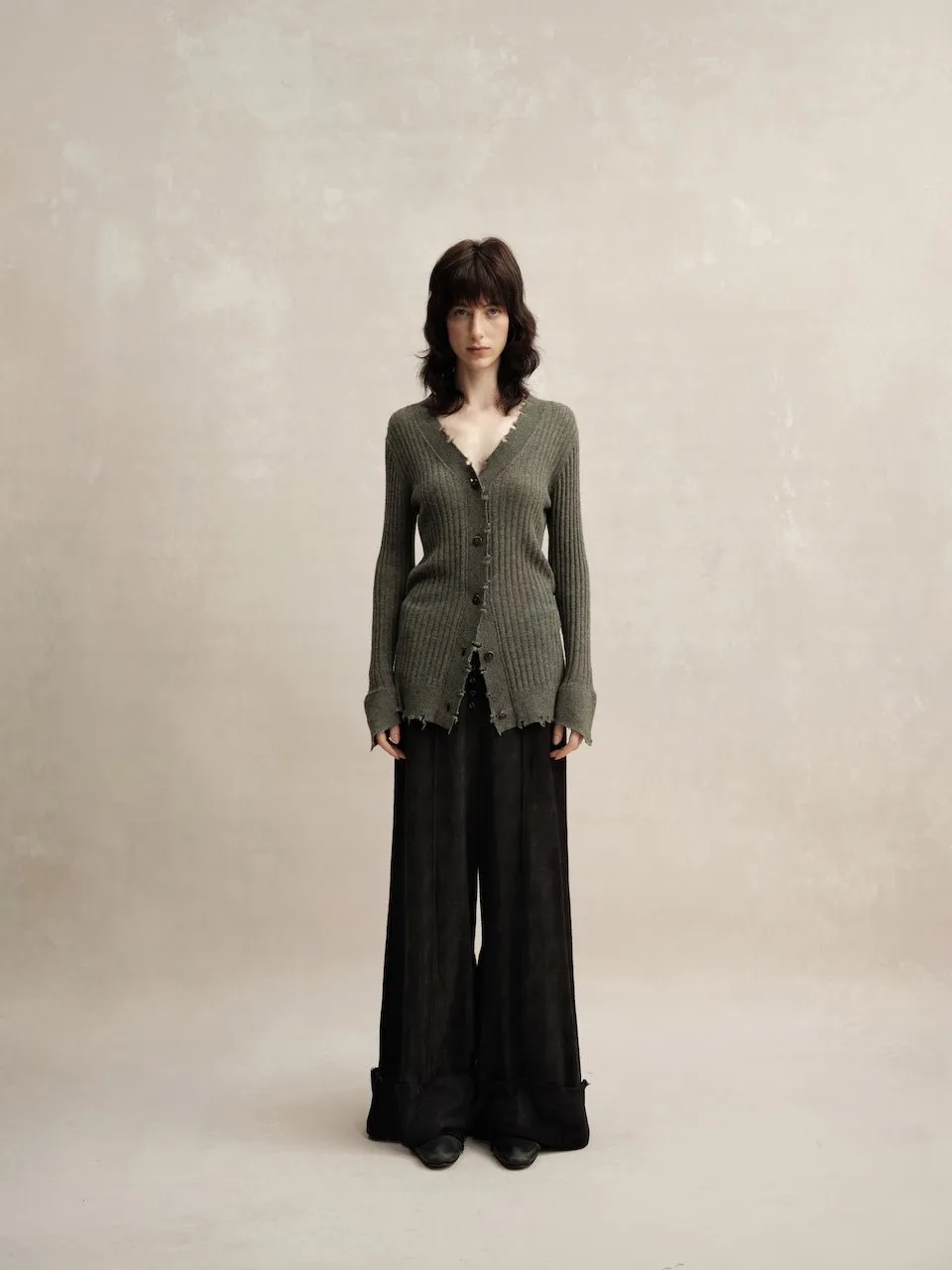 Dark Green Knitted Raw Edge Cardigan