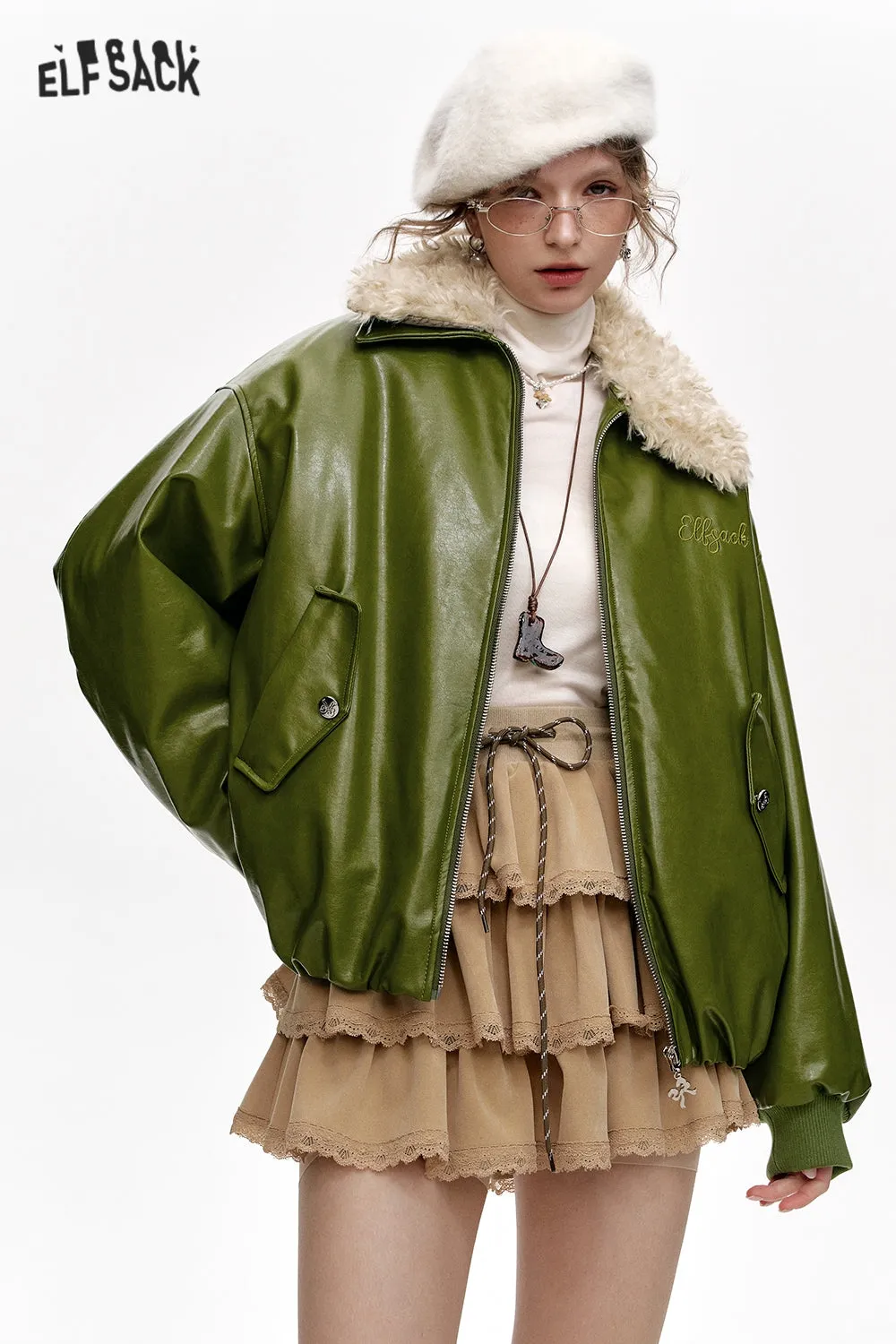 ELFSACK 2024 Winter New Arrivals Bowknot Letter Embroidery Faux Plush Lapel PU Jacket for Women