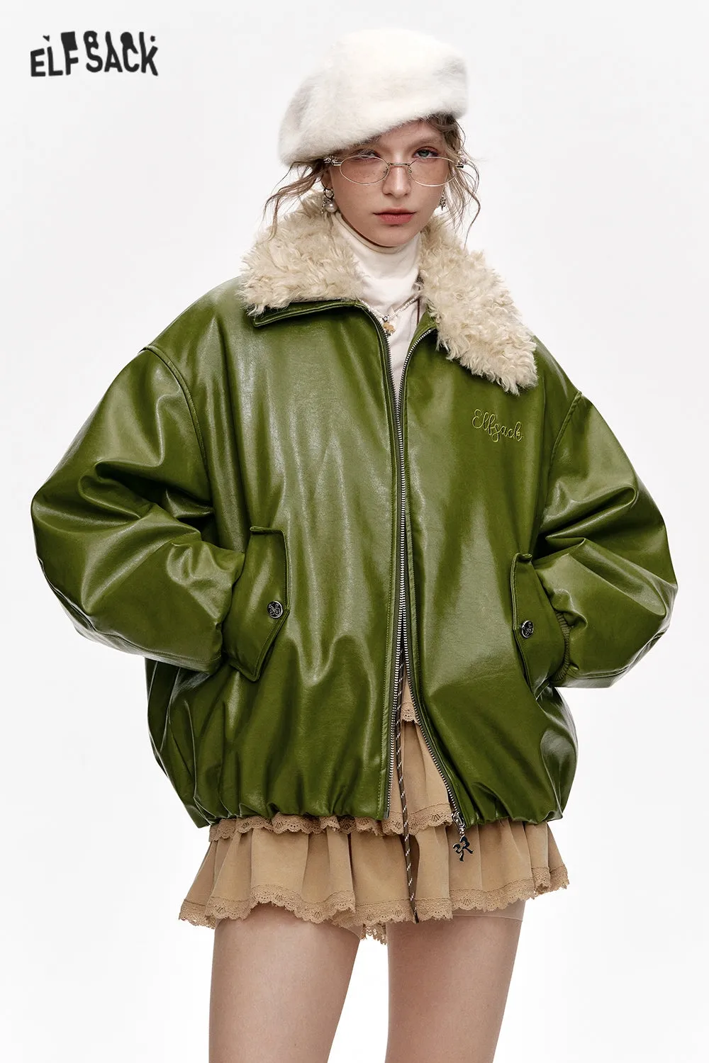 ELFSACK 2024 Winter New Arrivals Bowknot Letter Embroidery Faux Plush Lapel PU Jacket for Women