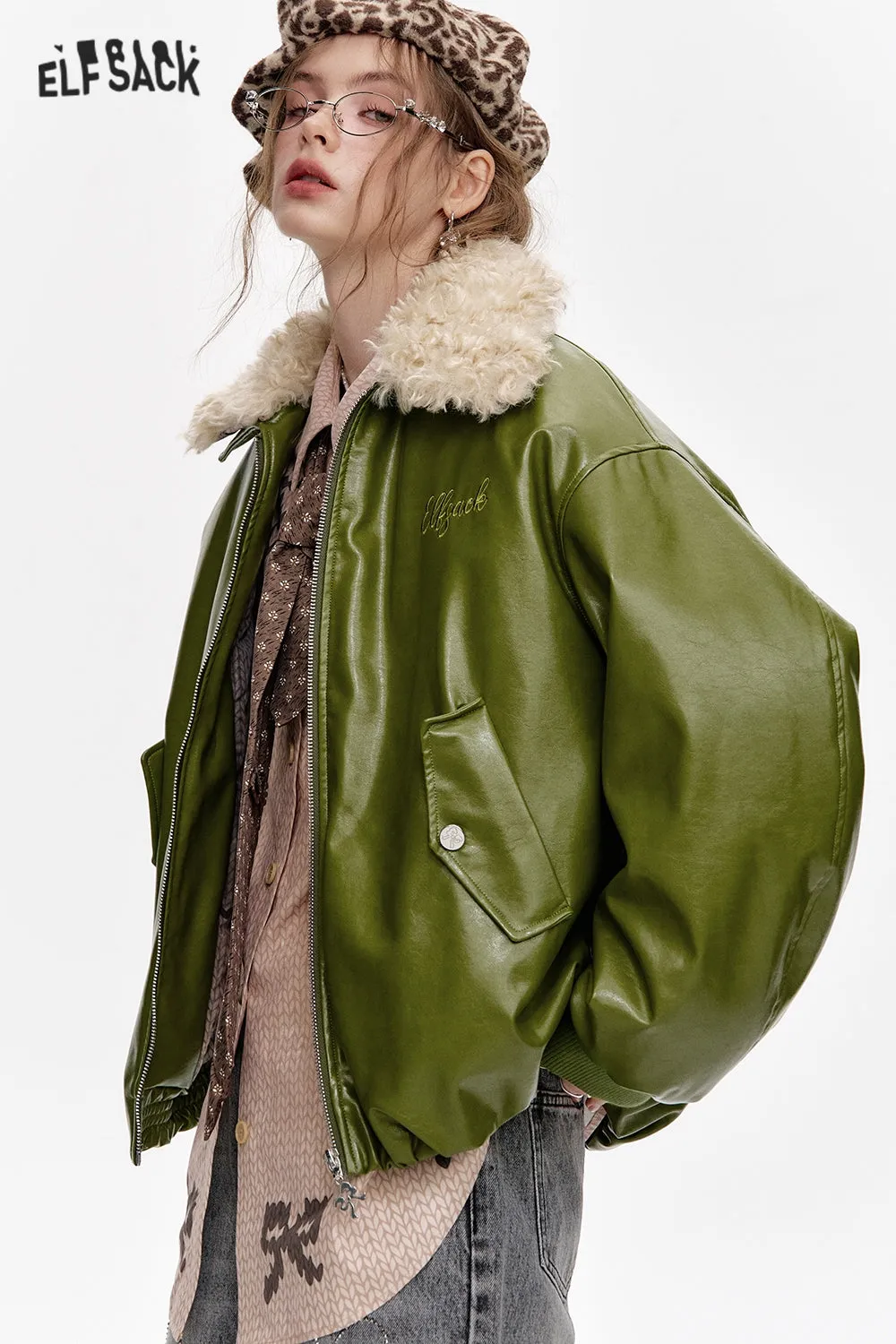 ELFSACK 2024 Winter New Arrivals Bowknot Letter Embroidery Faux Plush Lapel PU Jacket for Women