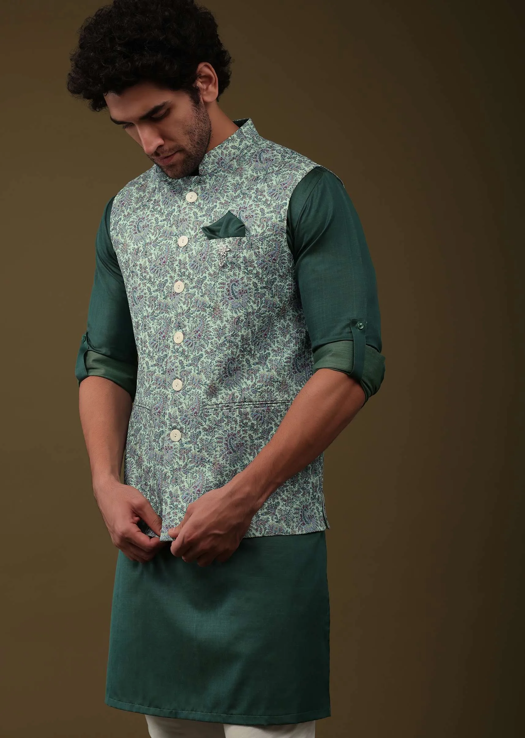Emerald Green Floral Printed Festive Bandi Jacket Set In Art Silk