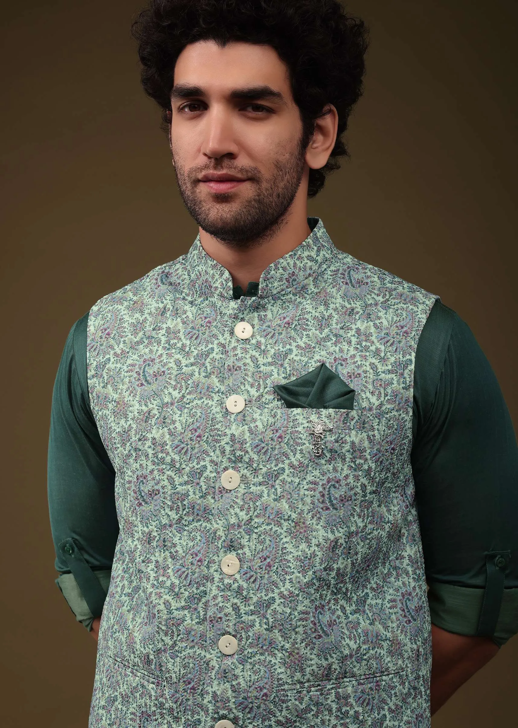 Emerald Green Floral Printed Festive Bandi Jacket Set In Art Silk