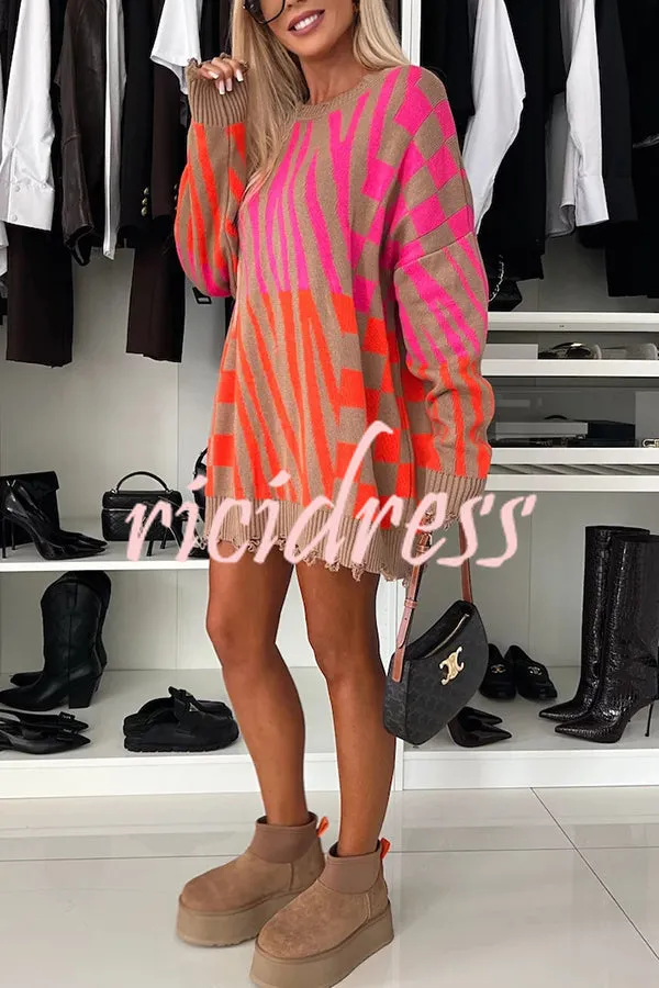 Fashionable Knit Zebra Geometric Pattern Frayed Hem Loose Sweater