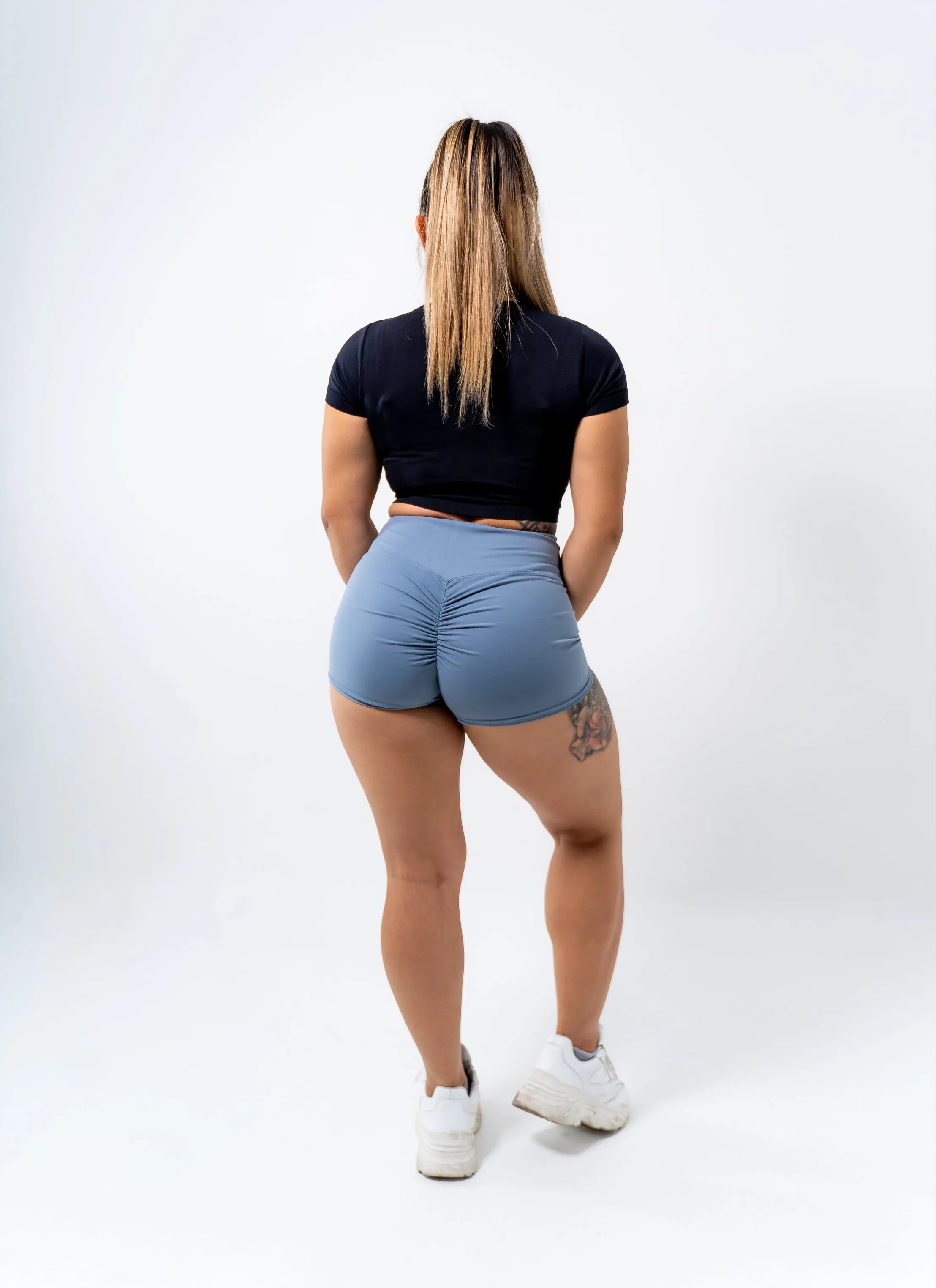 High Waist Scrunch Booty Shorts - Dusty Blue