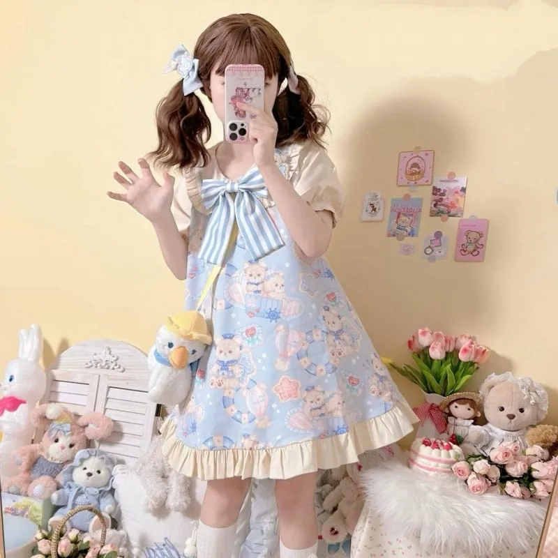 Kawaii Sweet Style Cartoon Navy Bear Print Lolita OP Dress