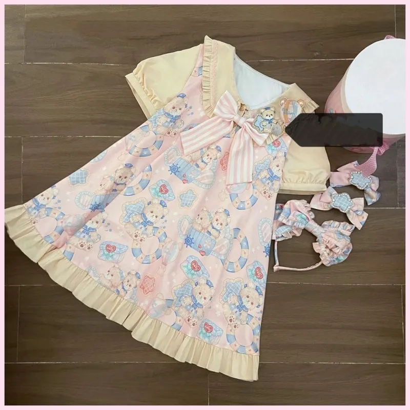 Kawaii Sweet Style Cartoon Navy Bear Print Lolita OP Dress
