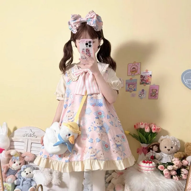 Kawaii Sweet Style Cartoon Navy Bear Print Lolita OP Dress