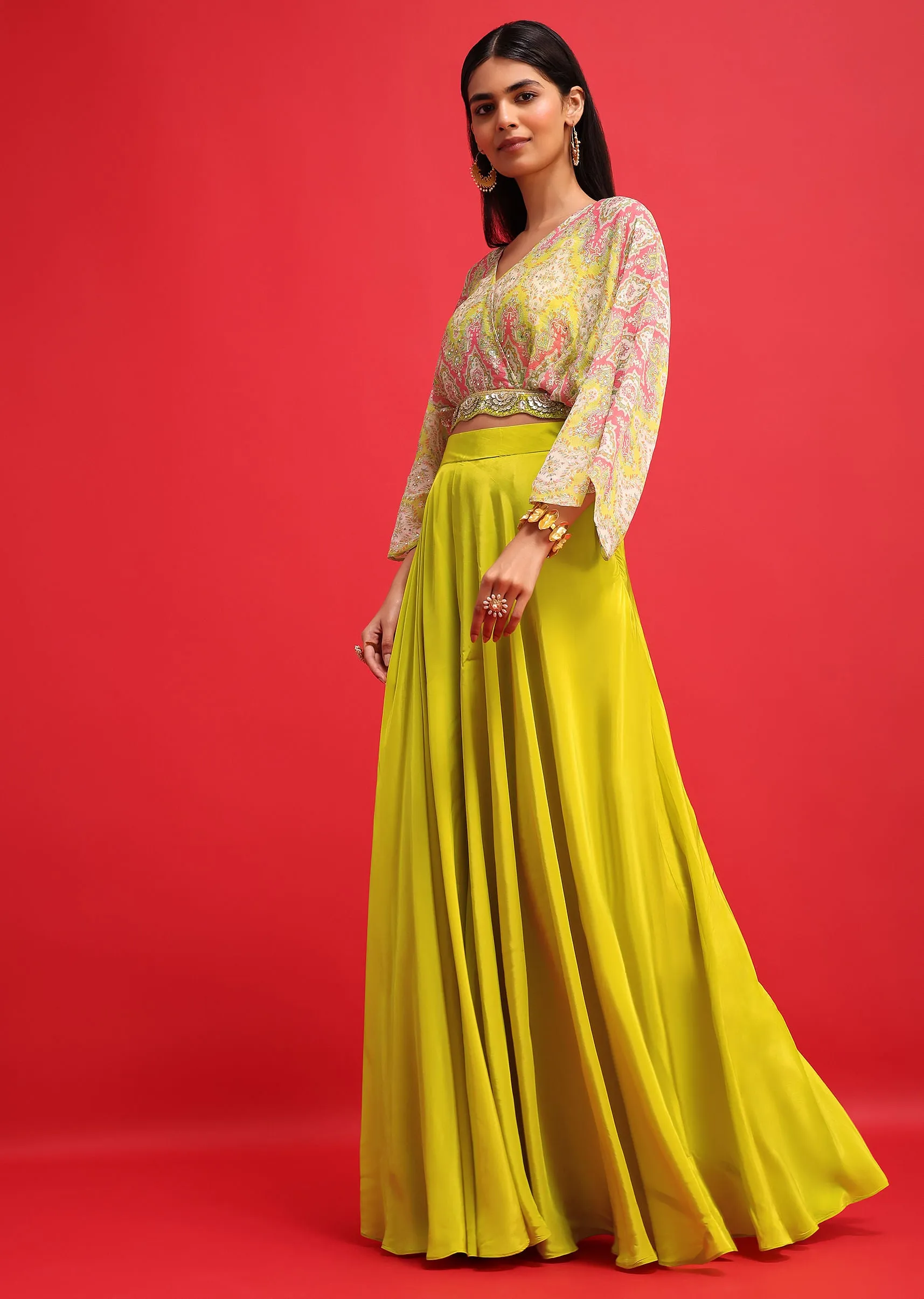 Lime Green Printed Crop Top And Palazzo