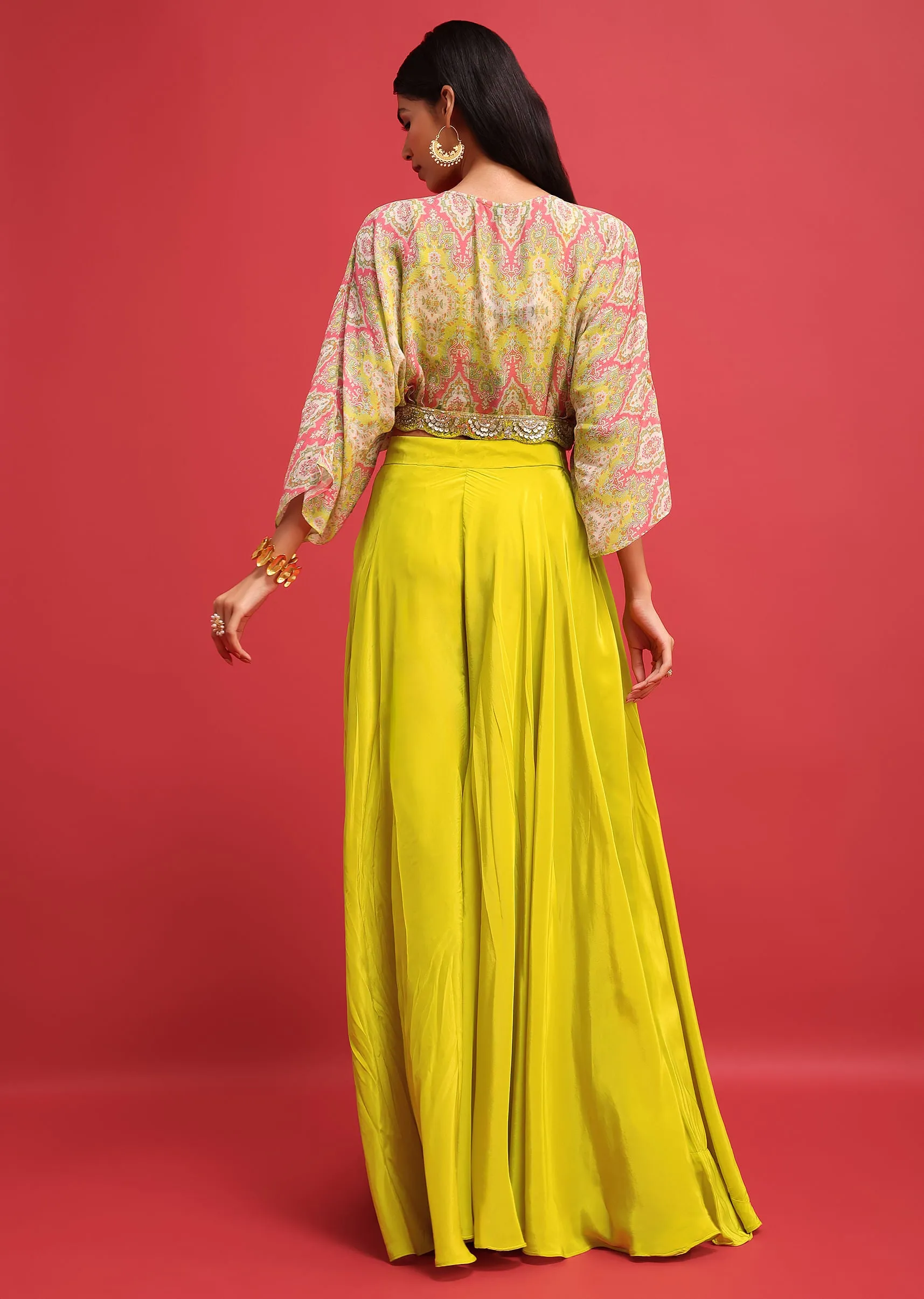 Lime Green Printed Crop Top And Palazzo
