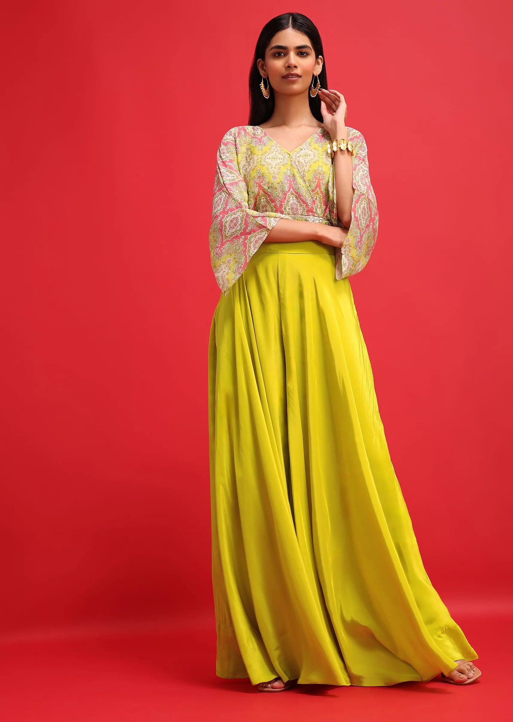 Lime Green Printed Crop Top And Palazzo