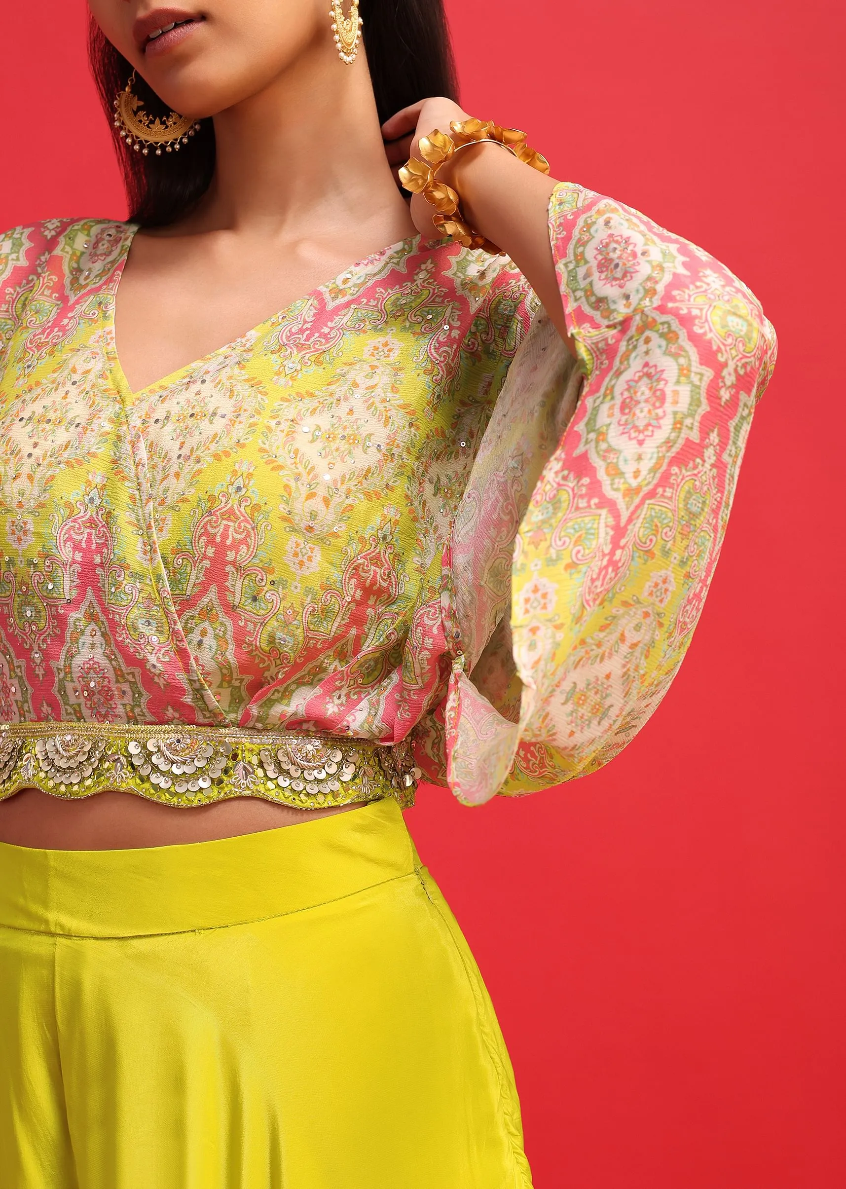 Lime Green Printed Crop Top And Palazzo