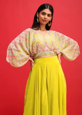 Lime Green Printed Crop Top And Palazzo