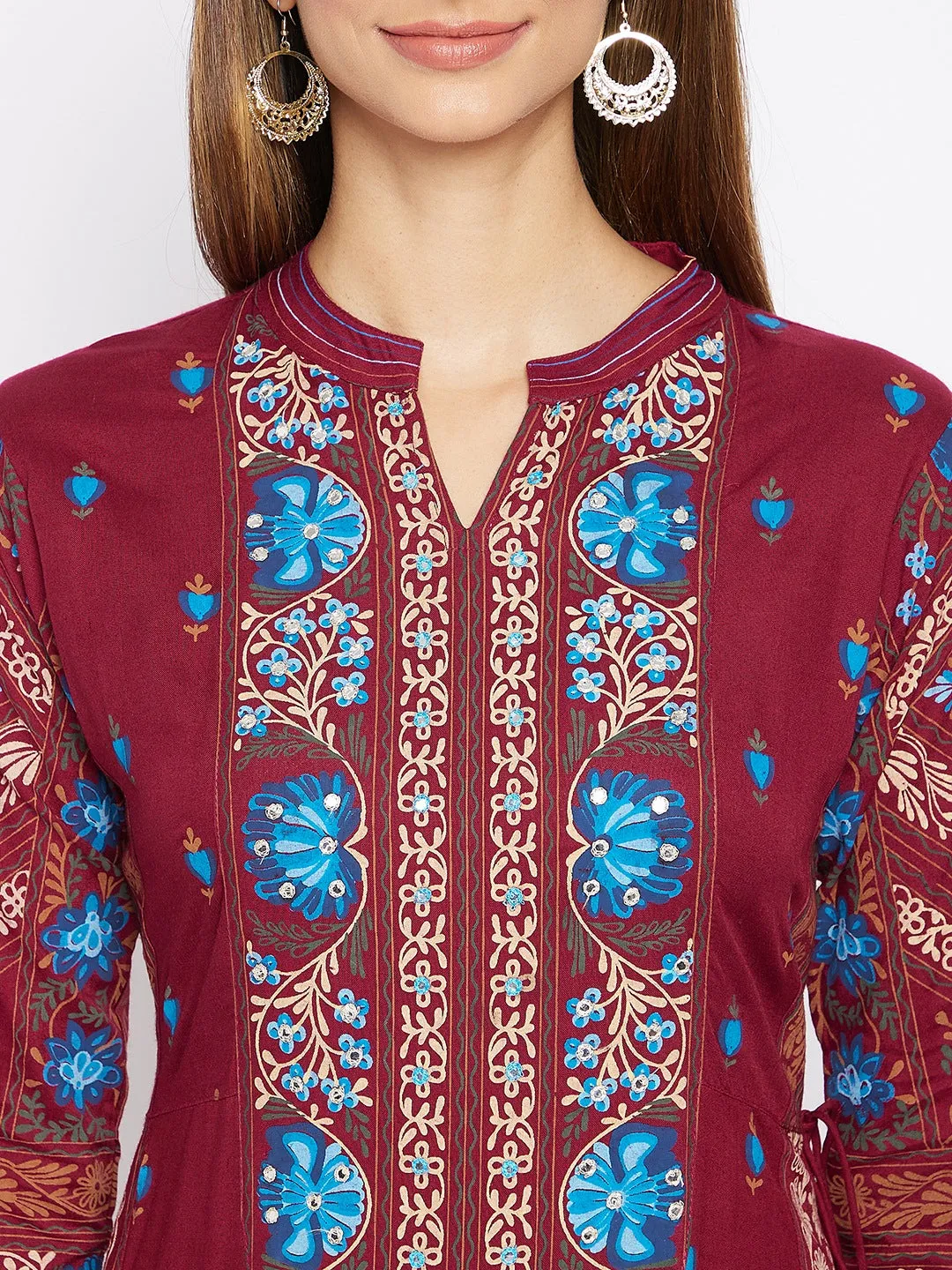 Maroon Printed Pleated Kurta With Trousers