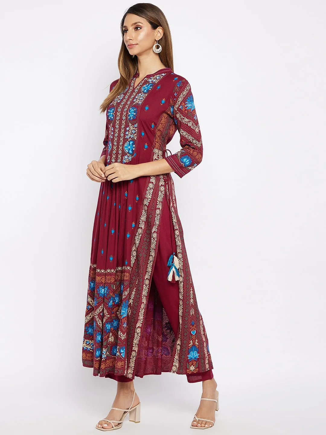 Maroon Printed Pleated Kurta With Trousers