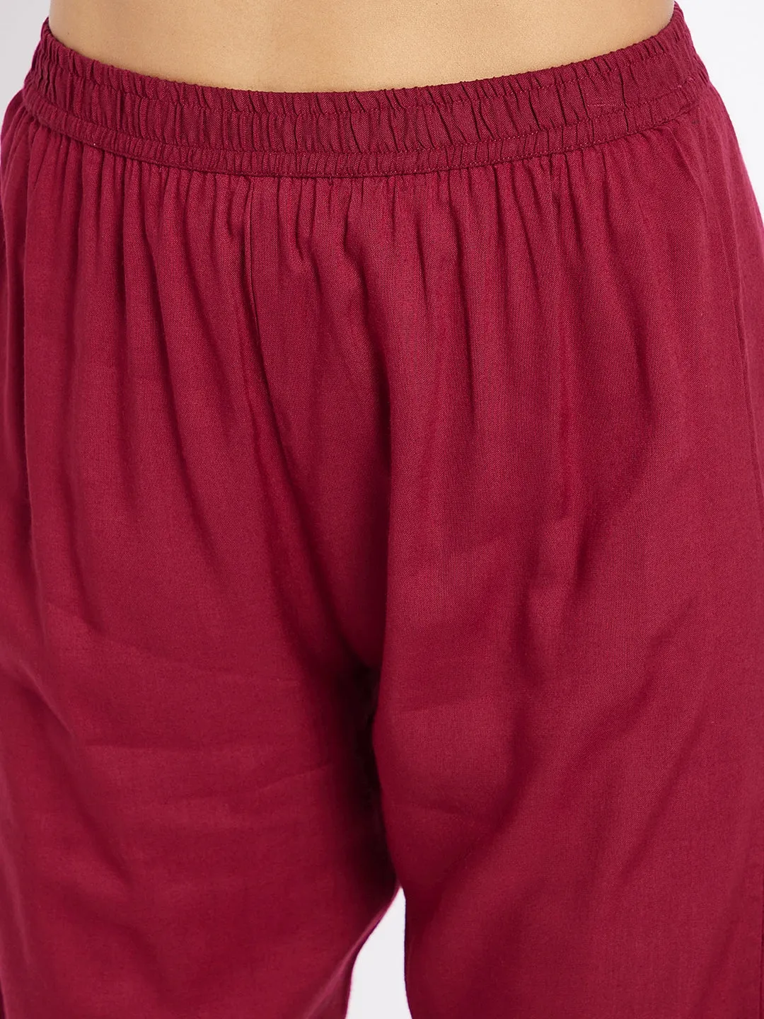 Maroon Printed Pleated Kurta With Trousers