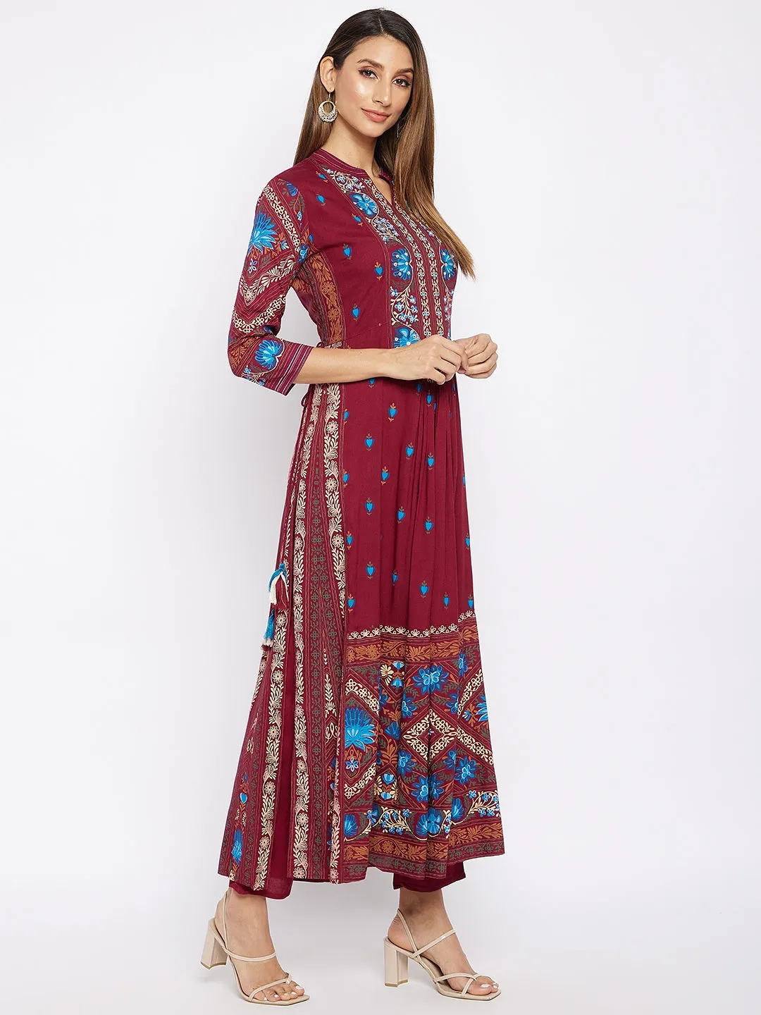 Maroon Printed Pleated Kurta With Trousers