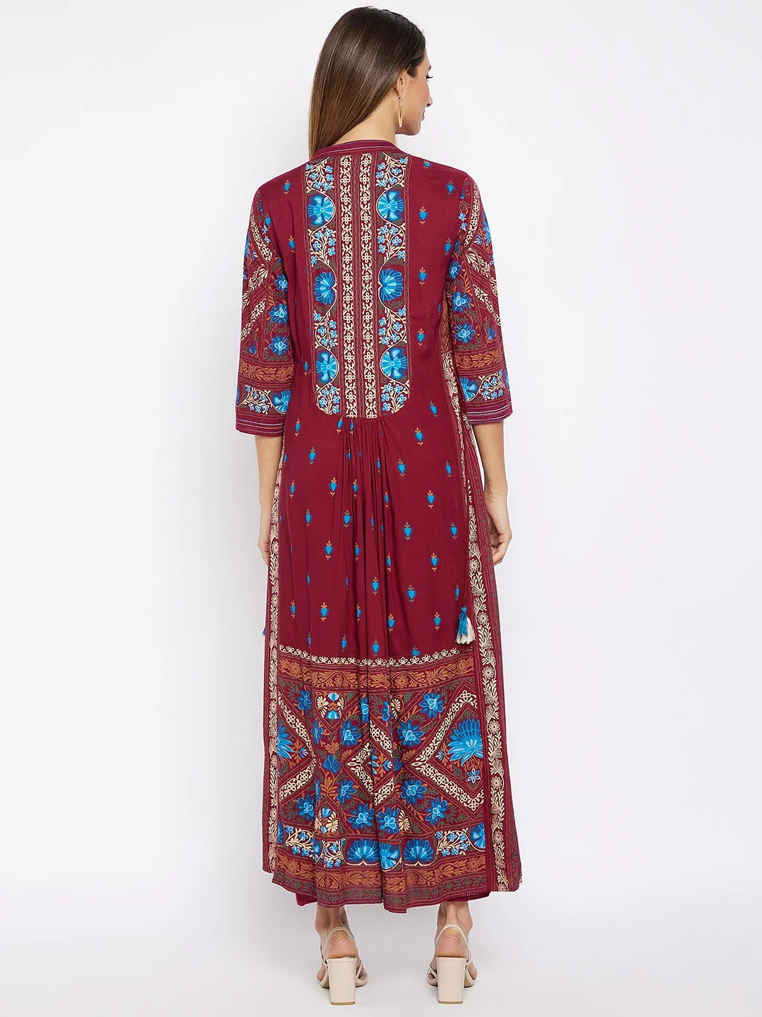 Maroon Printed Pleated Kurta With Trousers