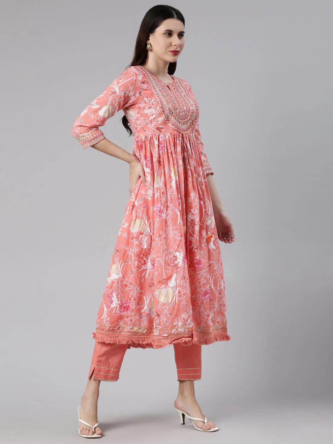 Neerus Floral Printed Thread Work Kurta with Trousers Dupatta