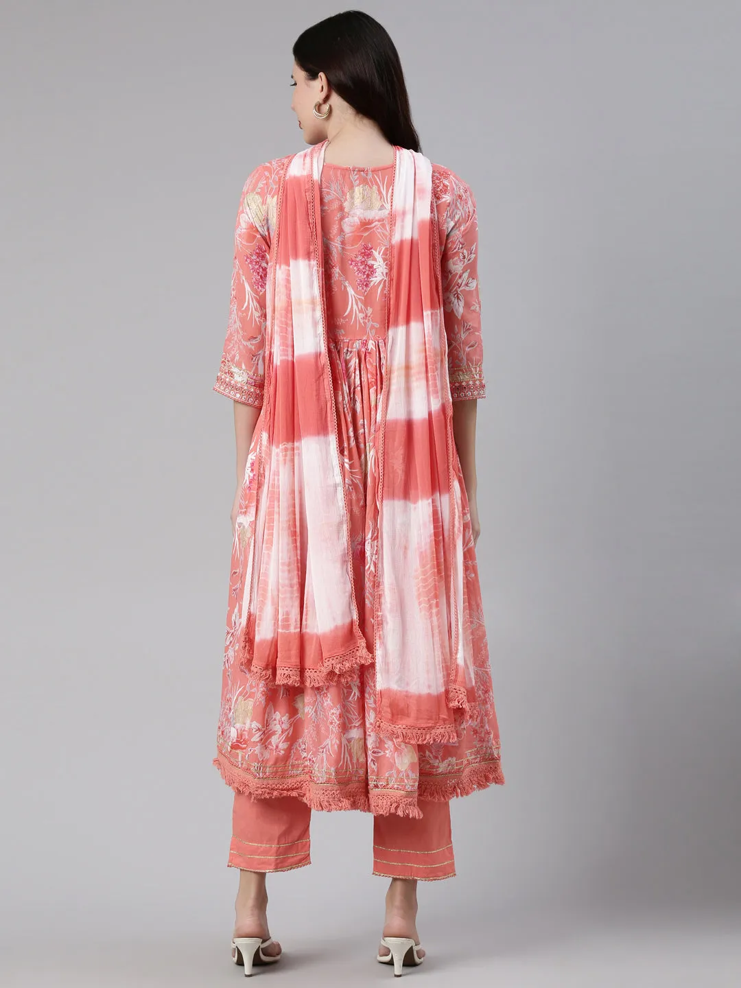 Neerus Floral Printed Thread Work Kurta with Trousers Dupatta