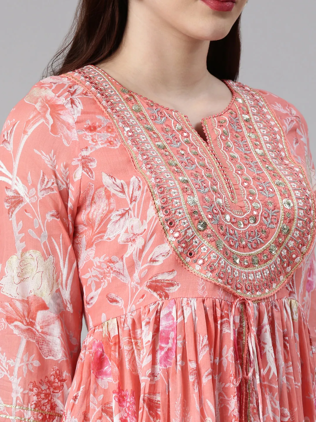 Neerus Floral Printed Thread Work Kurta with Trousers Dupatta