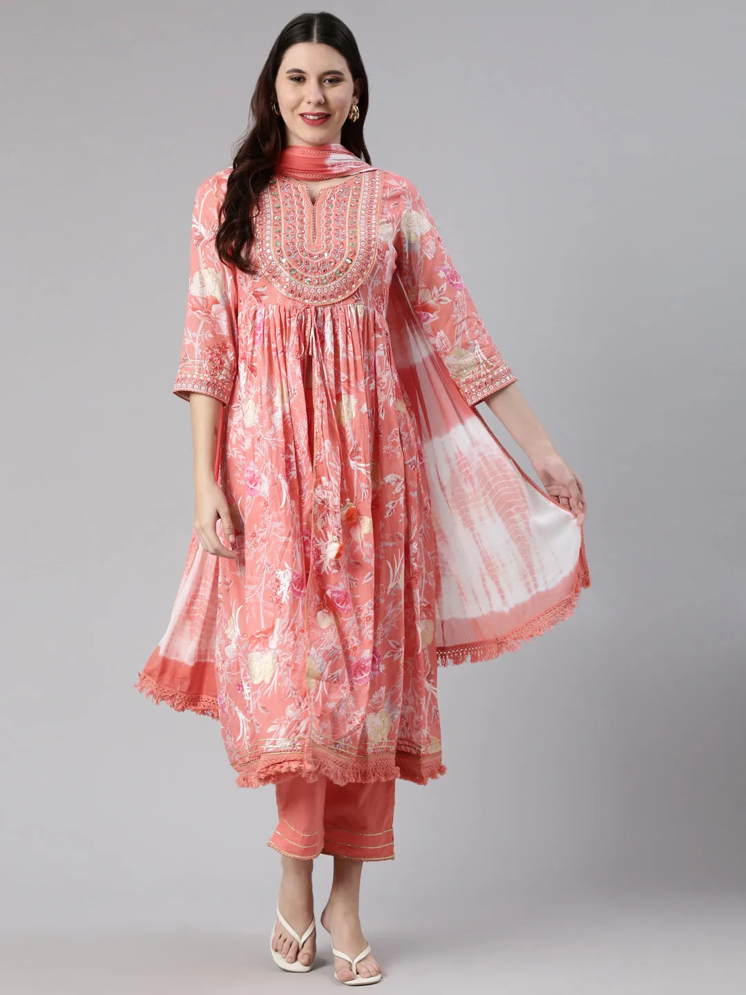 Neerus Floral Printed Thread Work Kurta with Trousers Dupatta