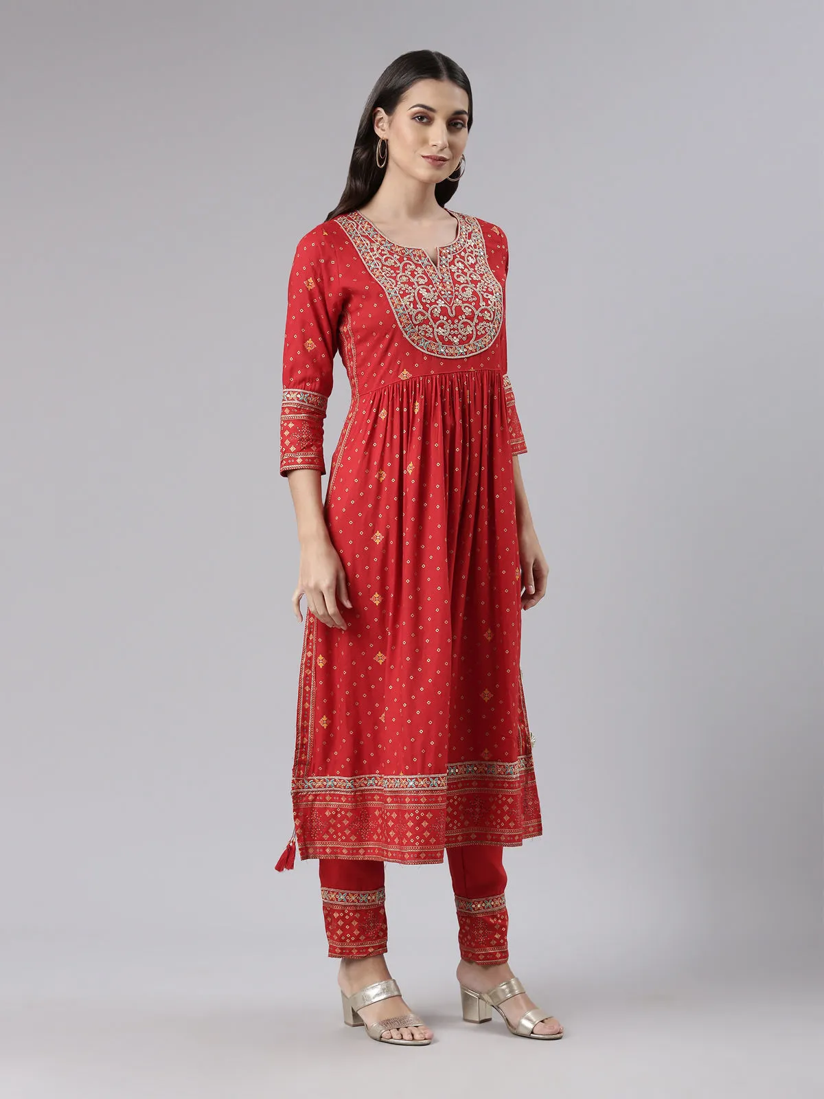 Neeru's Red Regular Calf Length Printed Kurta Printed Trousers With Dupatta