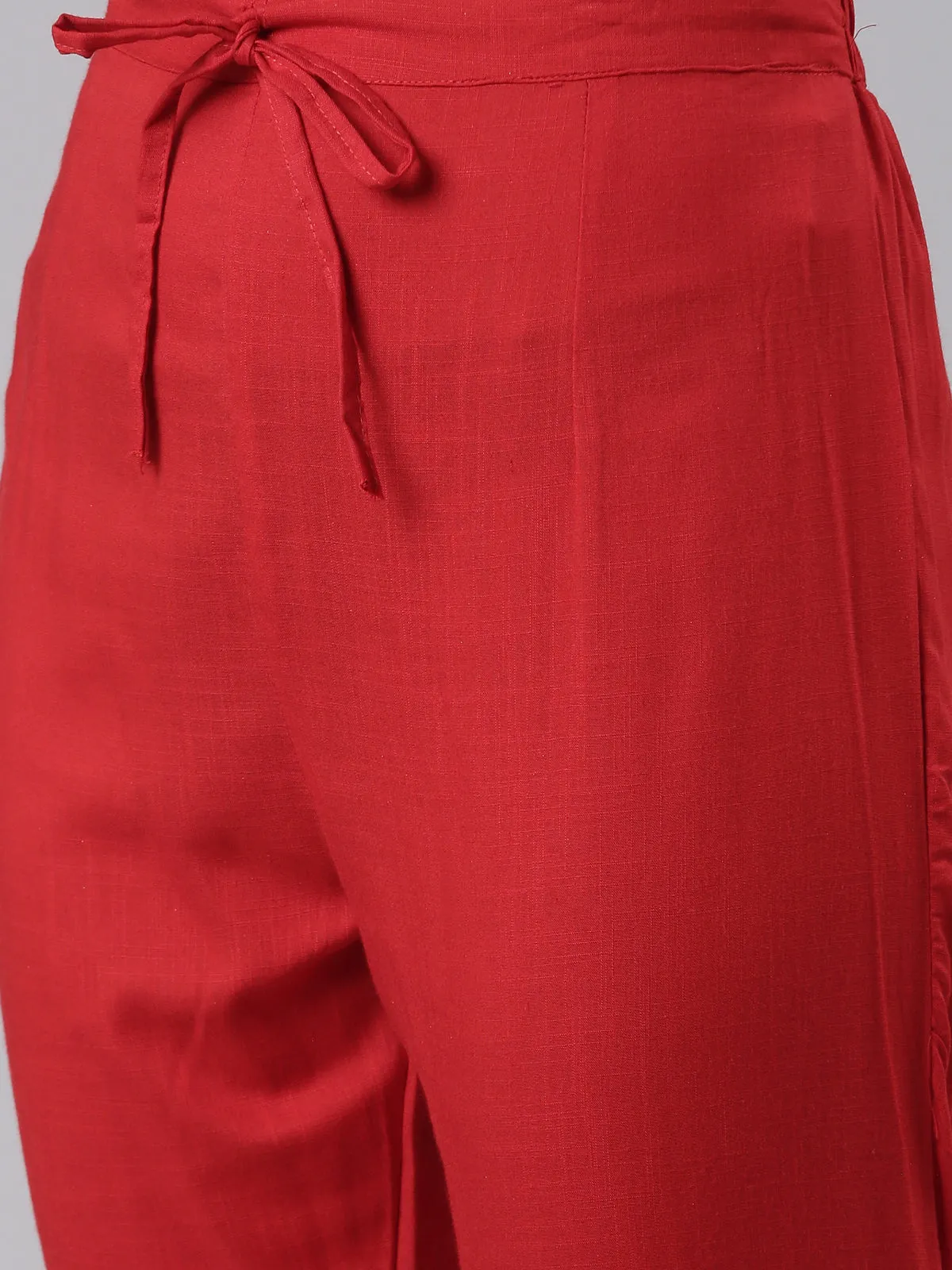 Neeru's Red Regular Calf Length Printed Kurta Printed Trousers With Dupatta