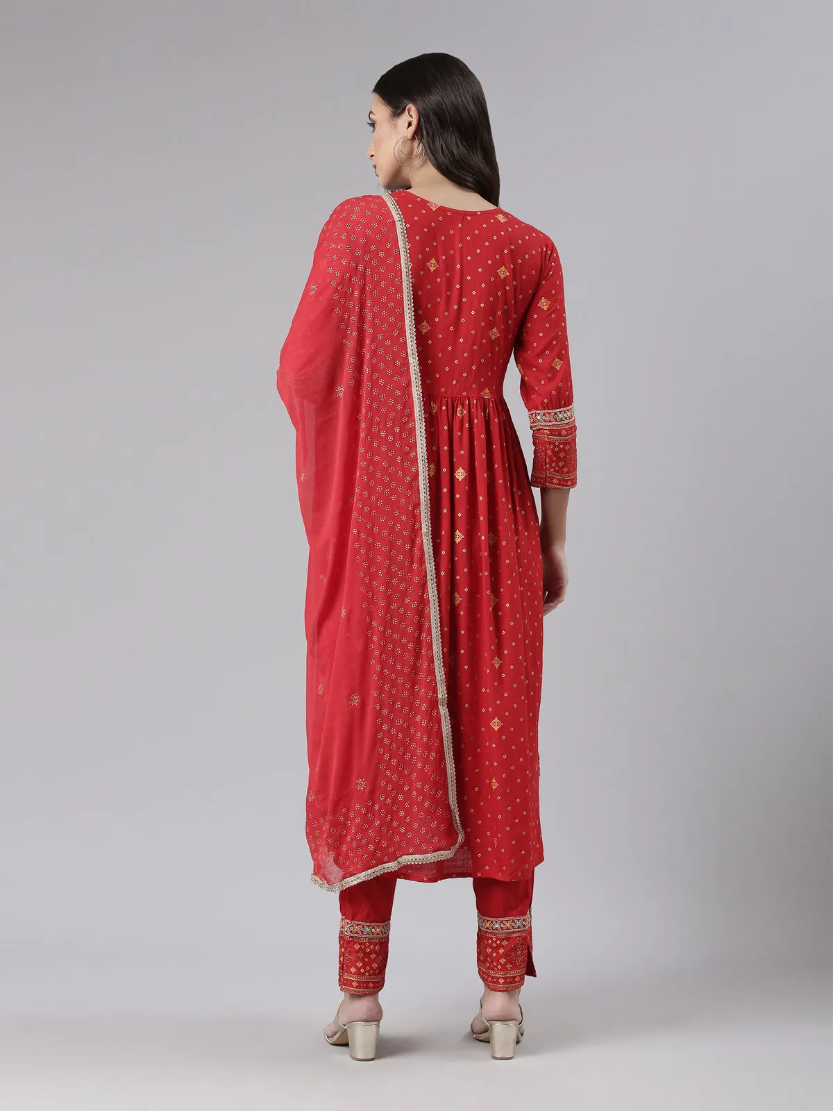 Neeru's Red Regular Calf Length Printed Kurta Printed Trousers With Dupatta