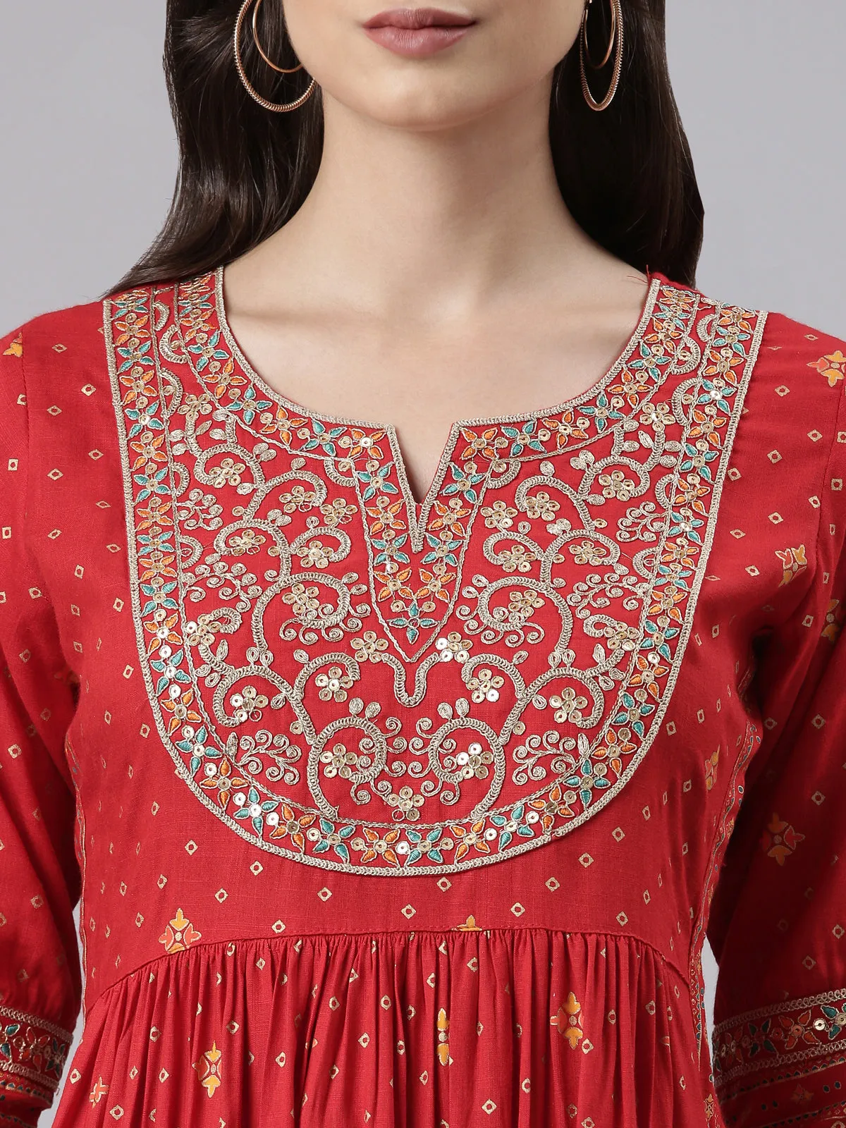 Neeru's Red Regular Calf Length Printed Kurta Printed Trousers With Dupatta