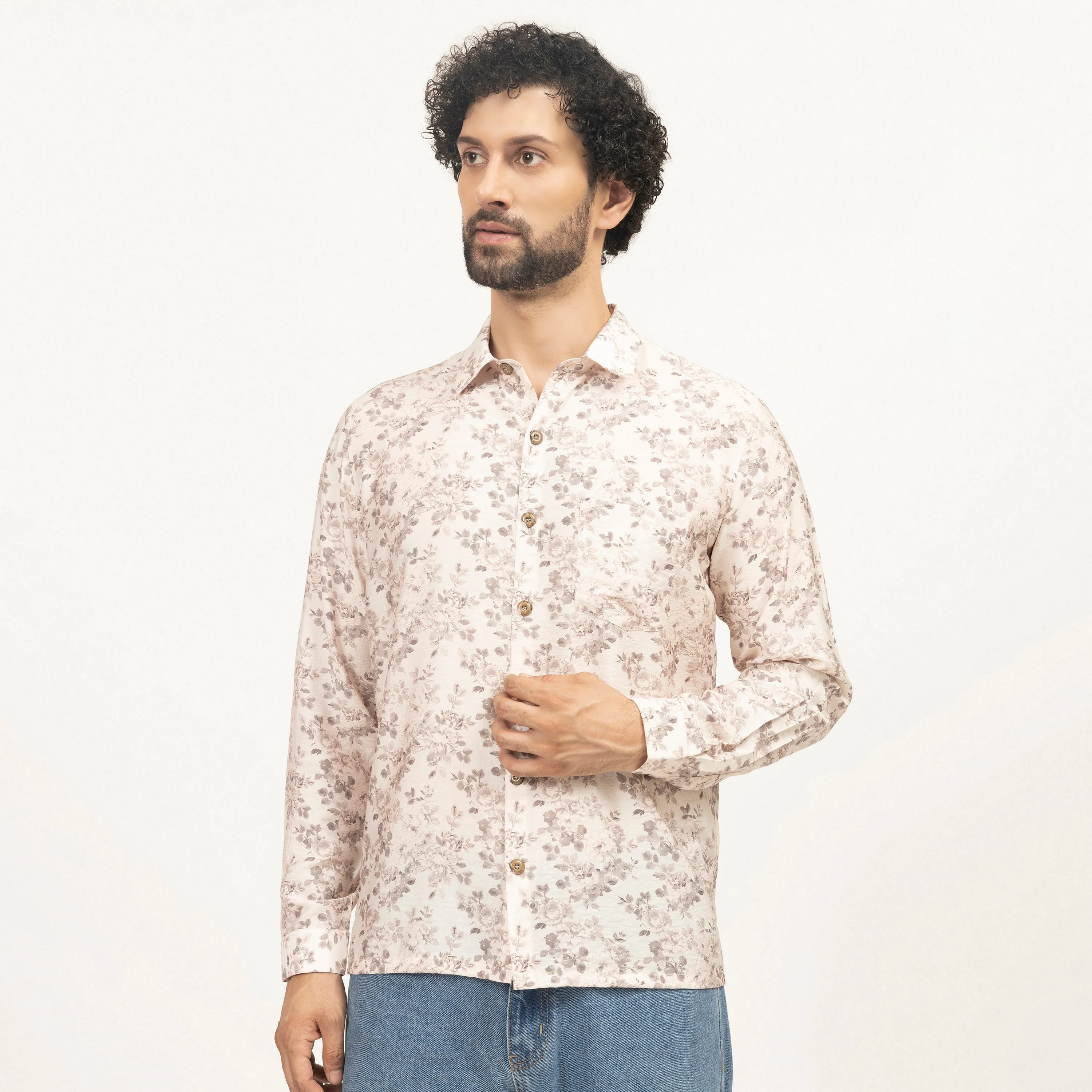 Off-White Floral Printed Full Sleeves Shirt