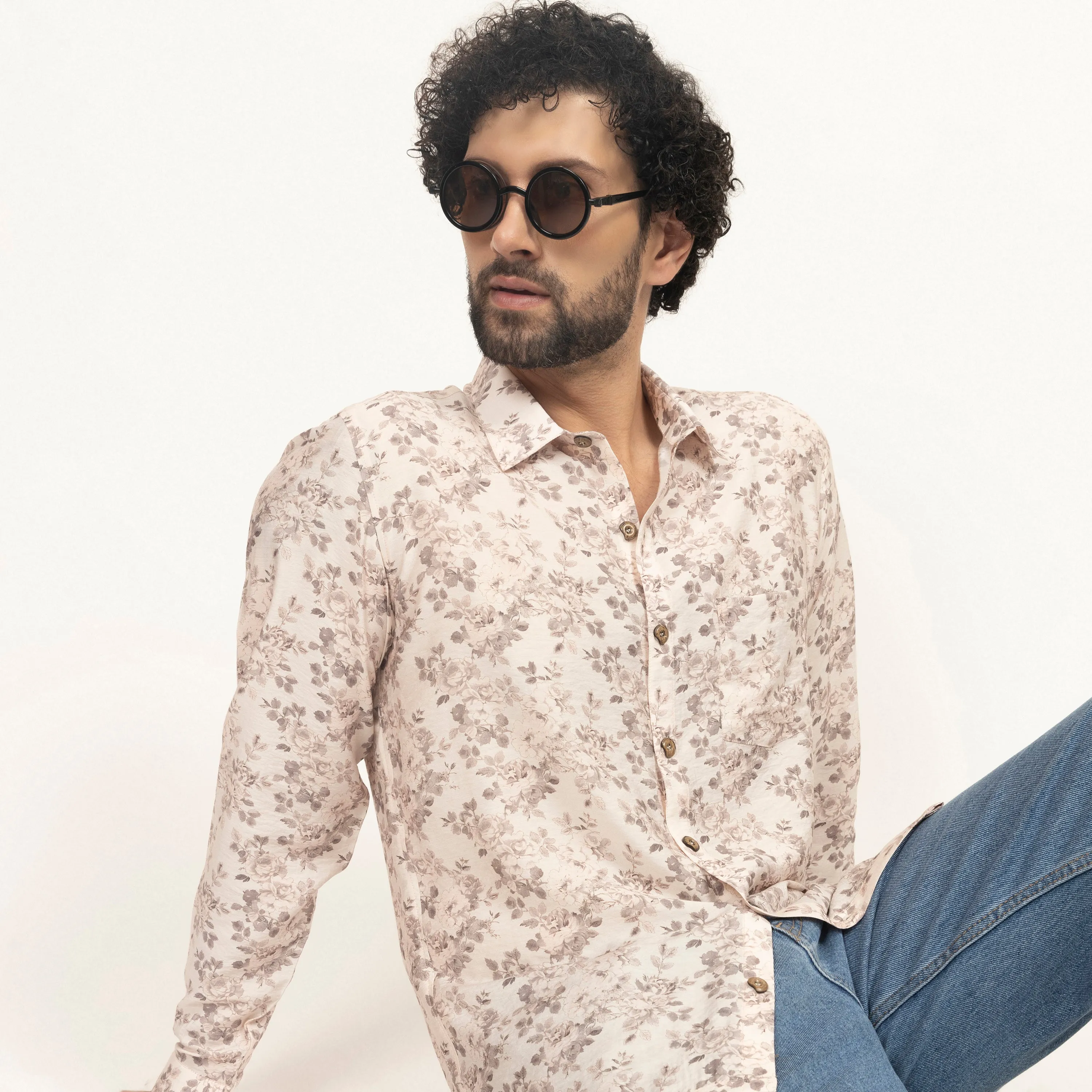 Off-White Floral Printed Full Sleeves Shirt