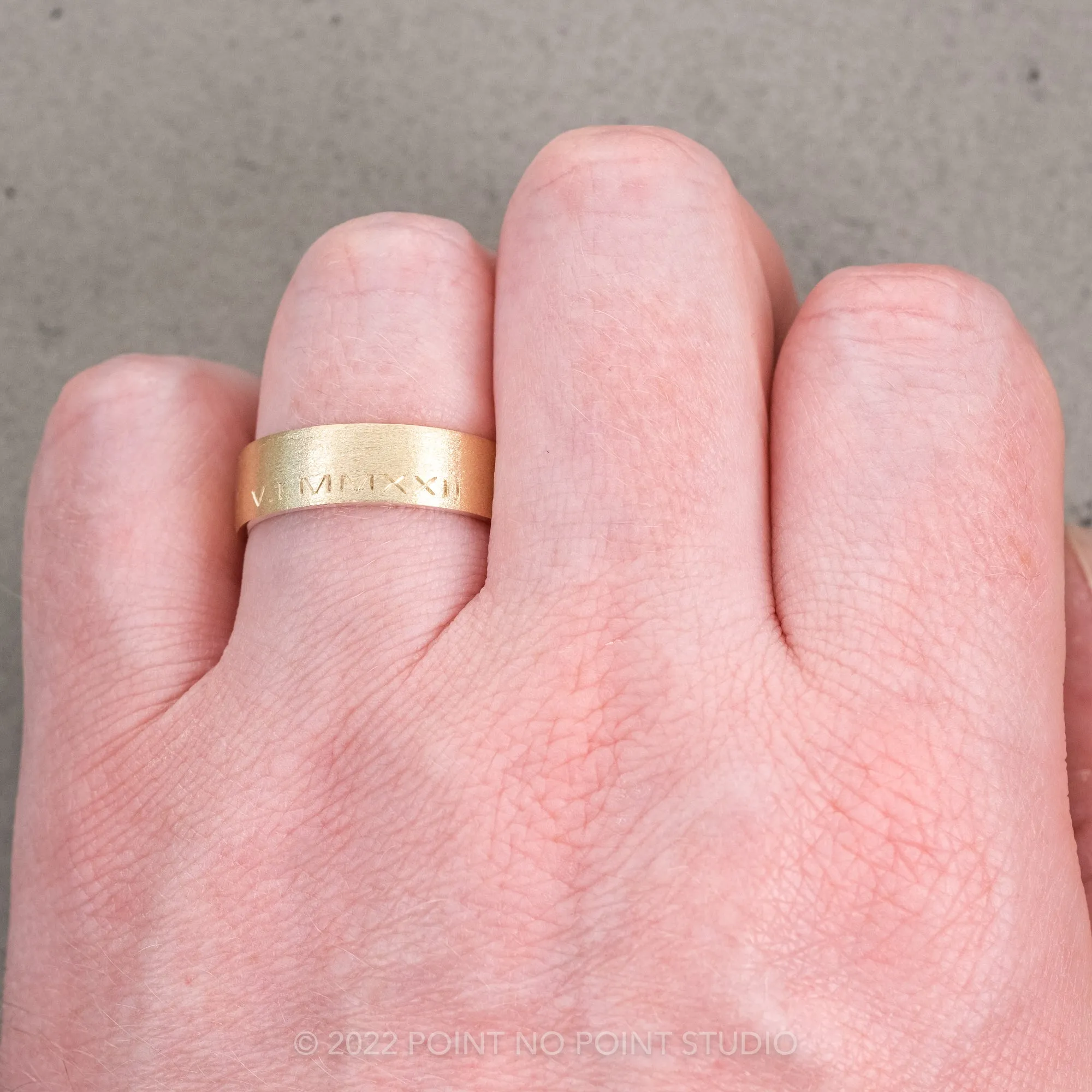 Roman Numeral, 6mm 14K Yellow Gold Comfort Fit Men's Wedding Band, Matte Finish