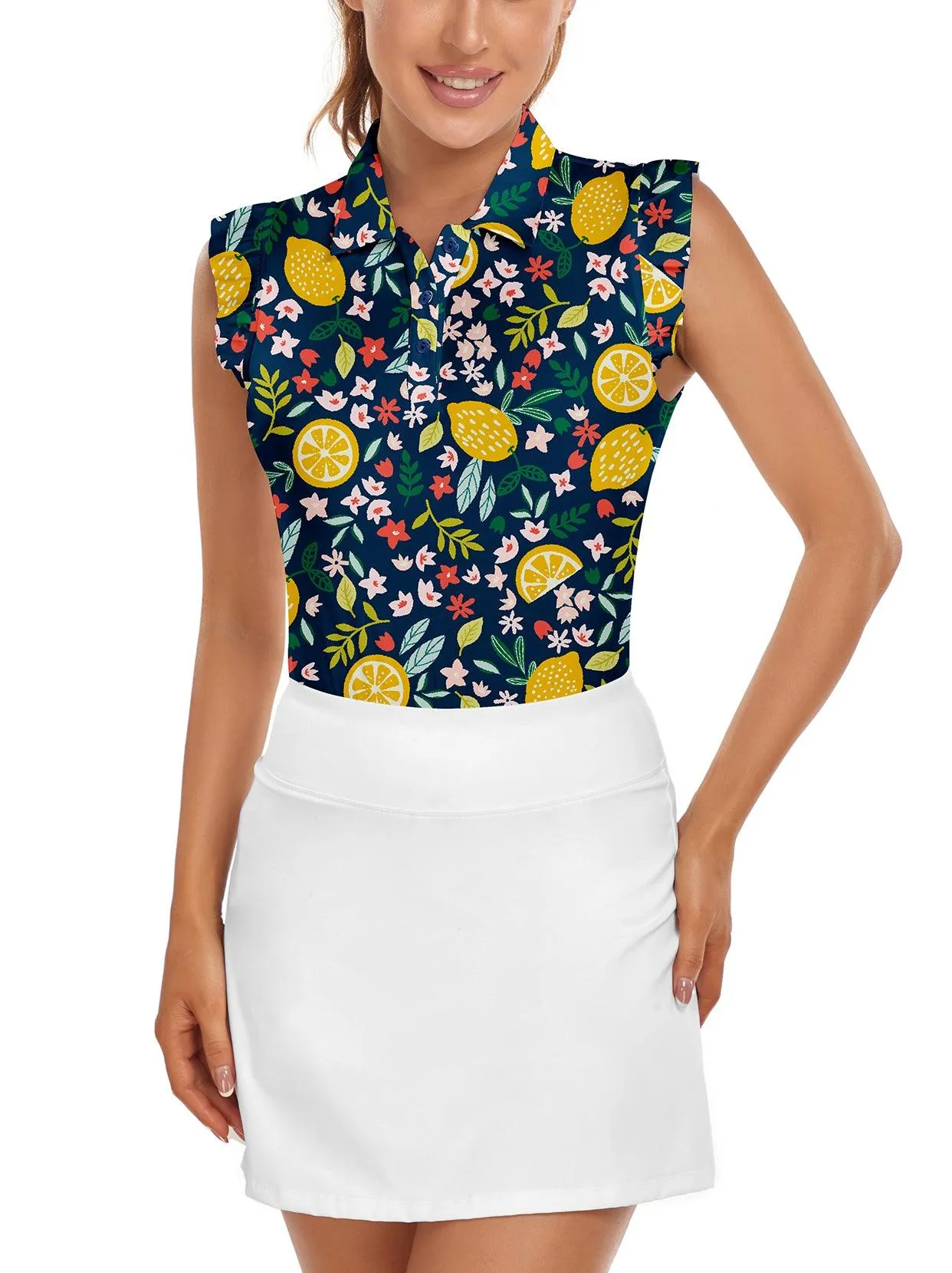 Soneven Ladies Golf Sleeveless Floral Athletic Polo Shirts-💃🏼SO® Lemon Slice Print Ruffle Sleeve Shirts Button Closure Moisture Wicking Tennis Shirts