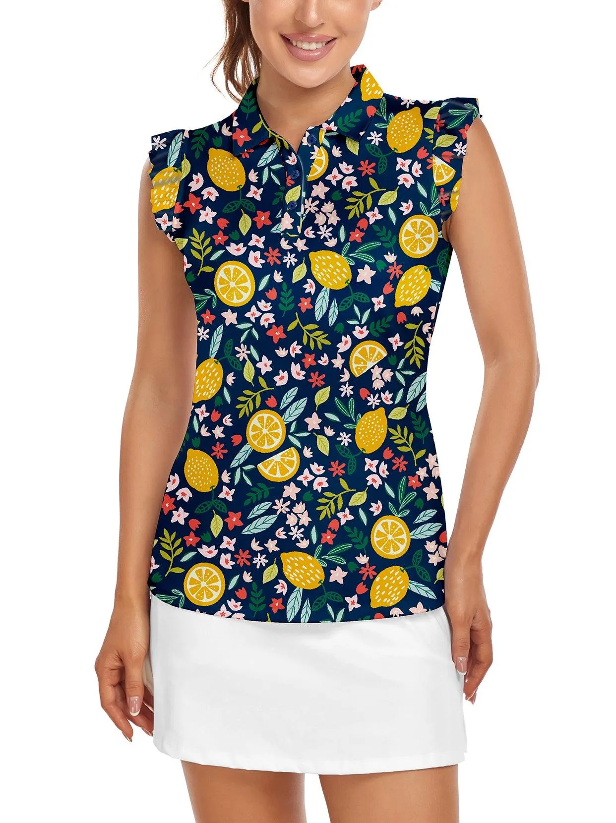 Soneven Ladies Golf Sleeveless Floral Athletic Polo Shirts-💃🏼SO® Lemon Slice Print Ruffle Sleeve Shirts Button Closure Moisture Wicking Tennis Shirts
