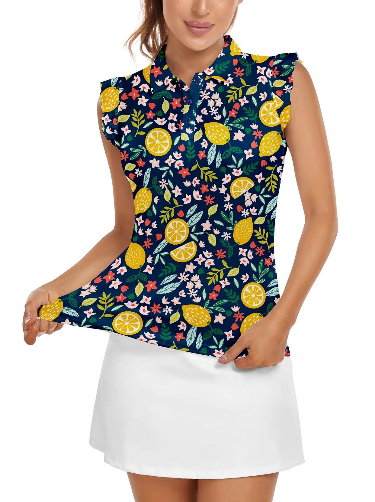 Soneven Ladies Golf Sleeveless Floral Athletic Polo Shirts-💃🏼SO® Lemon Slice Print Ruffle Sleeve Shirts Button Closure Moisture Wicking Tennis Shirts