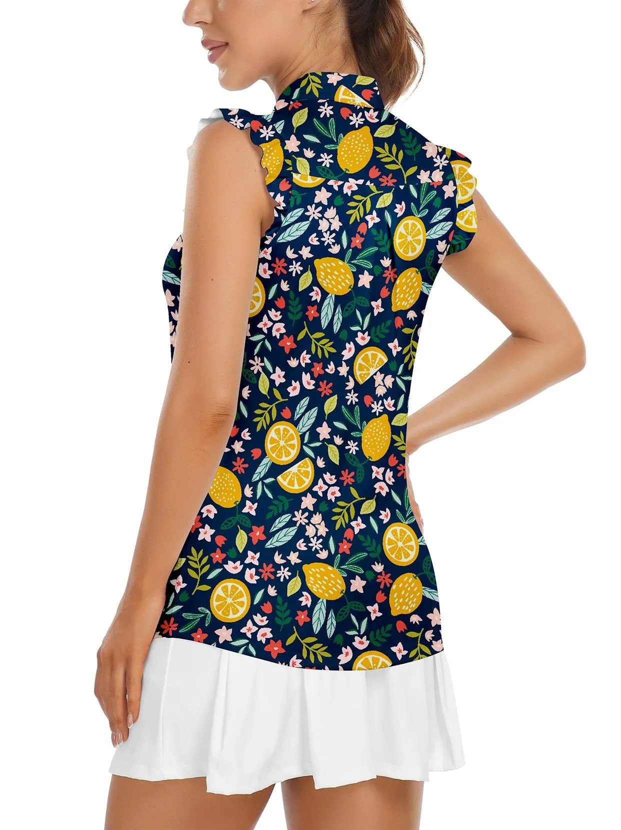 Soneven Ladies Golf Sleeveless Floral Athletic Polo Shirts-💃🏼SO® Lemon Slice Print Ruffle Sleeve Shirts Button Closure Moisture Wicking Tennis Shirts