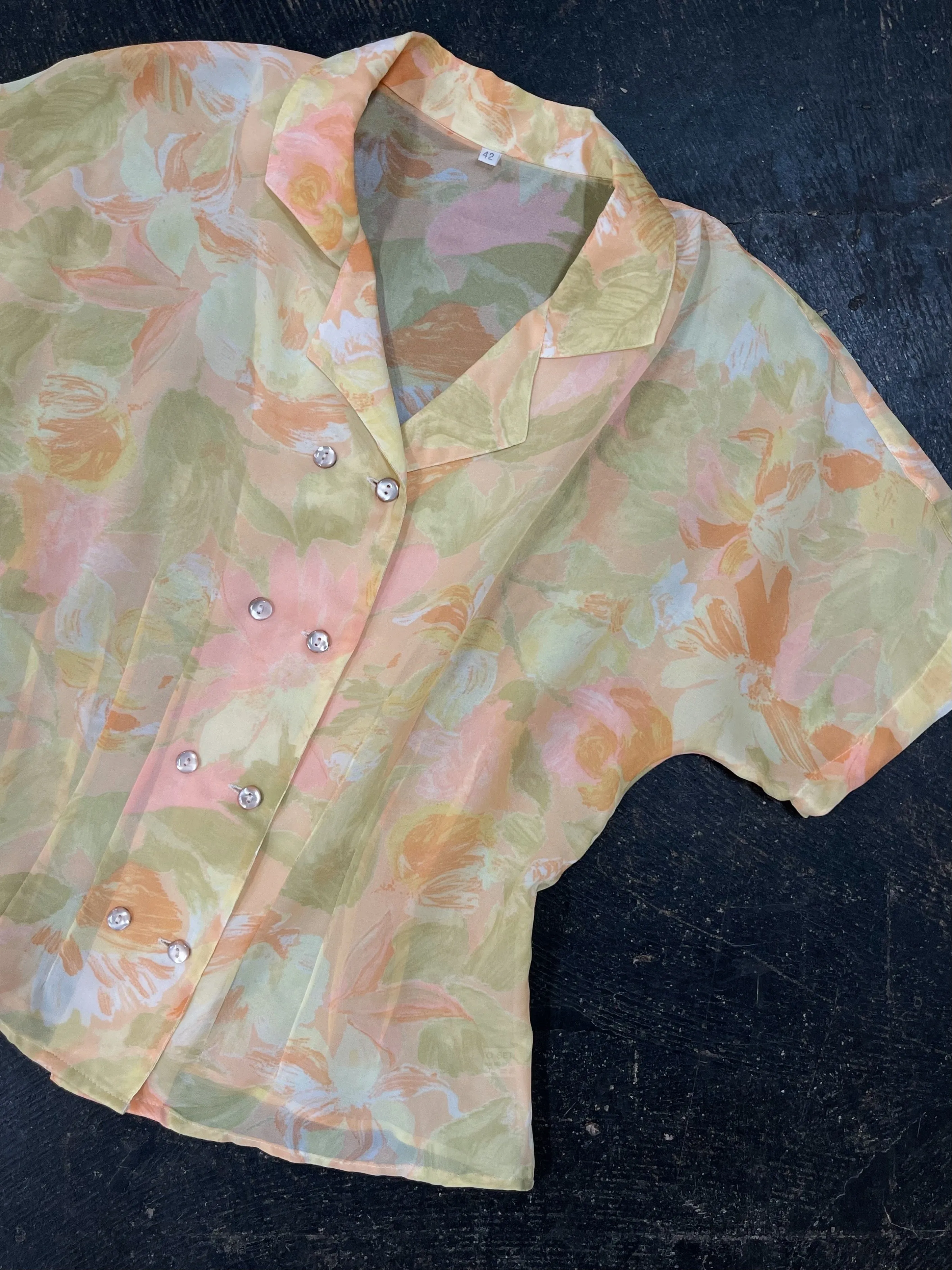 Vintage Sheer Floral Short Sleeve Blouse (M)