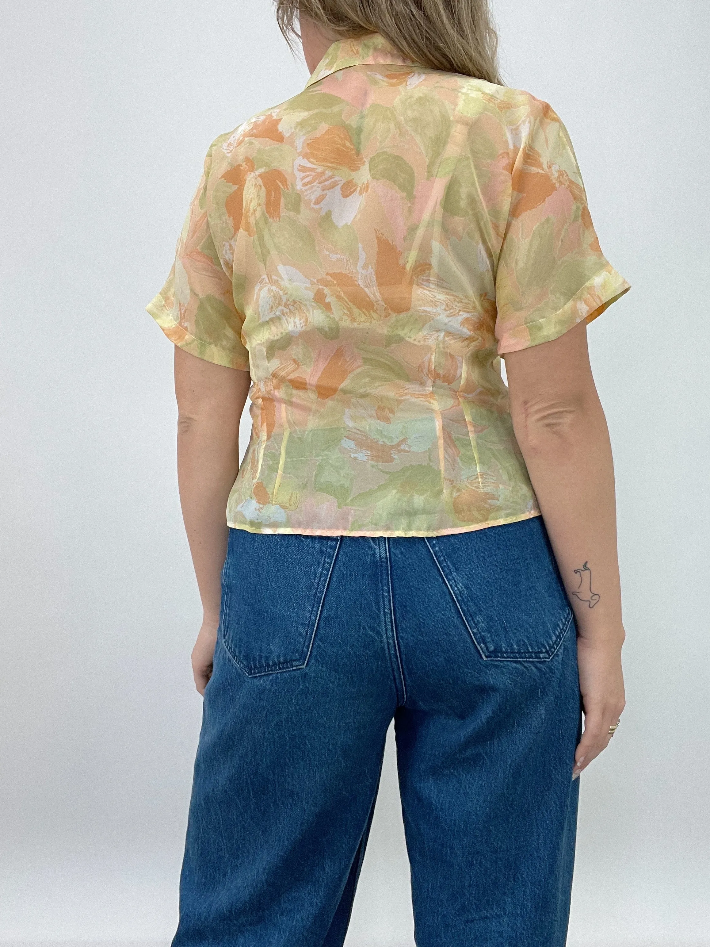 Vintage Sheer Floral Short Sleeve Blouse (M)
