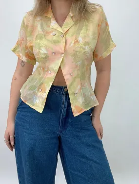 Vintage Sheer Floral Short Sleeve Blouse (M)