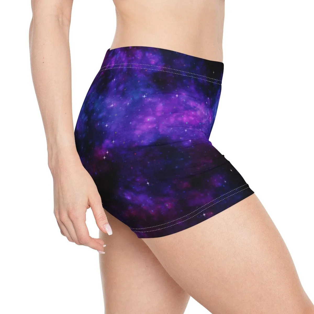 Women's Black & Purple Galaxy High-Waisted Shorts