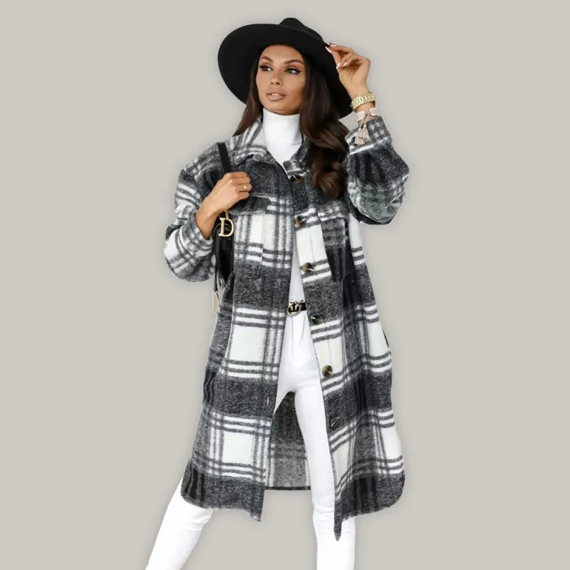 Wool Checked Coat - Thick Fabric Plaid Long Jacket